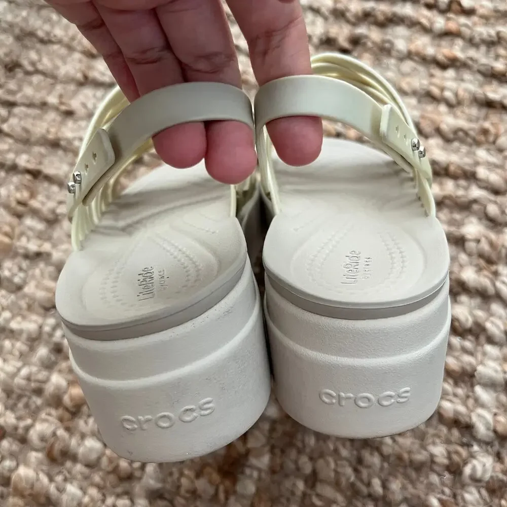 Crocs Brooklyn Strappy Low Wedge Sandals Womens 8 Cream LiteRide Platform